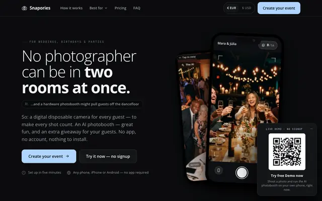 Screenshot of Digital disposable camera & AI photobooth for your event — Snapories