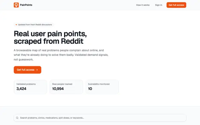 Screenshot of PainPoints — User pain points scraped from Reddit