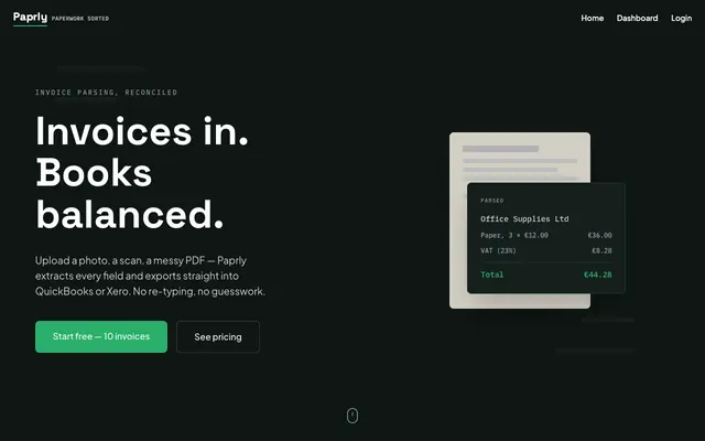 Screenshot of Paprly — AI Invoice Parser for Accountants & Bookkeepers