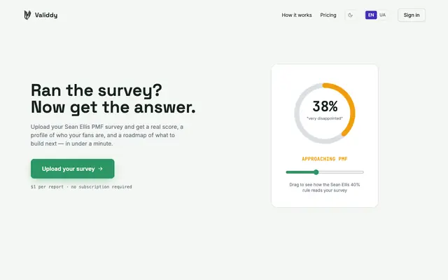 Screenshot of Validdy — PMF Score Calculator from Your Sean Ellis Survey