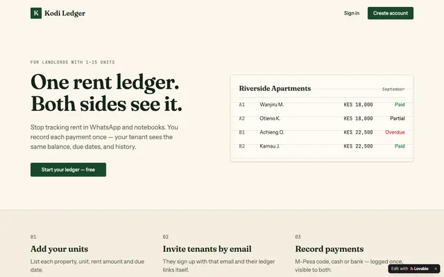 Screenshot of Kodi Ledger — One shared rent ledger for landlords and tenants