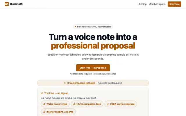Screenshot of QuickBidAI — AI Proposals for Contractors