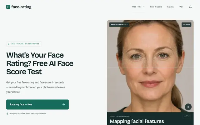 Screenshot of Face Rating & Face Score Test — Free AI Attractiveness Test | face-rating.net