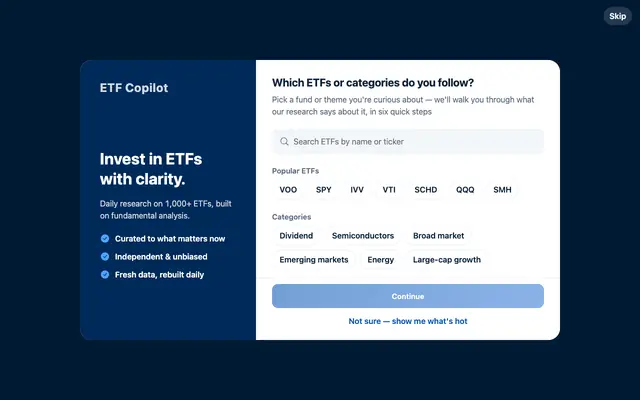 Screenshot of ETF Copilot — ETF overlap, concentration and valuation