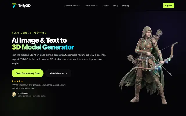 Screenshot of Trify3D — AI Image & Text to 3D Model Generator