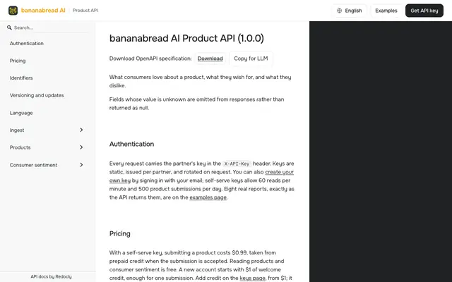 Screenshot of bananabread AI Product API