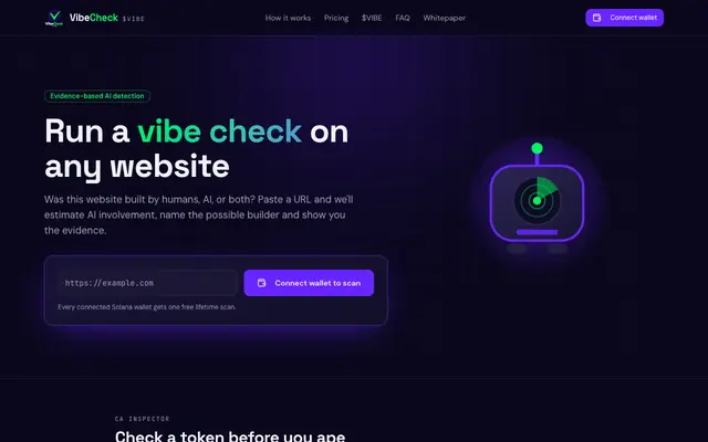 Screenshot of VibeCheck — Was this website built by humans, AI, or both?