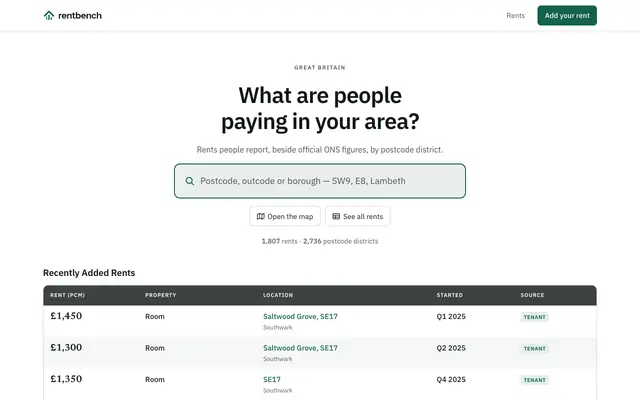 Screenshot of Rentbench — making rents transparent