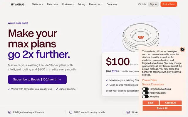 Screenshot of Weave Code Boost | $100/month