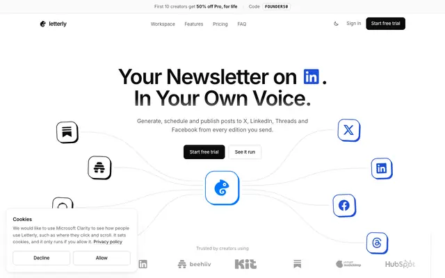 Screenshot of Letterly - AI-Powered Newsletter to Social Media Tool | Automate Content Distrib