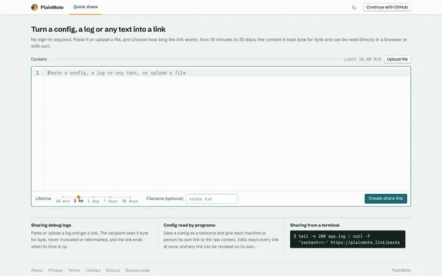 Screenshot of PlainMote · Share your content securely and privately online