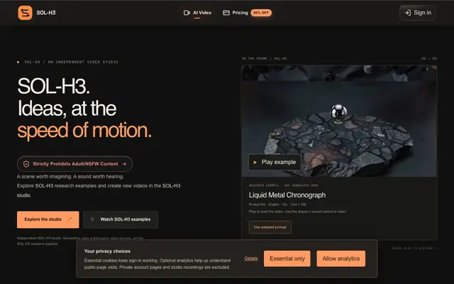 Screenshot of SOL-H3 — AI Video with Native Audio | SOL-H3.pro