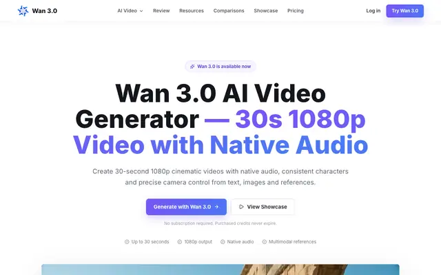 Screenshot of Wan 3.0 AI Video Generator - 30s 1080p Video with Audio