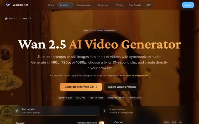 Screenshot of Wan 2.5 AI Video Generator — Text & Image to Video