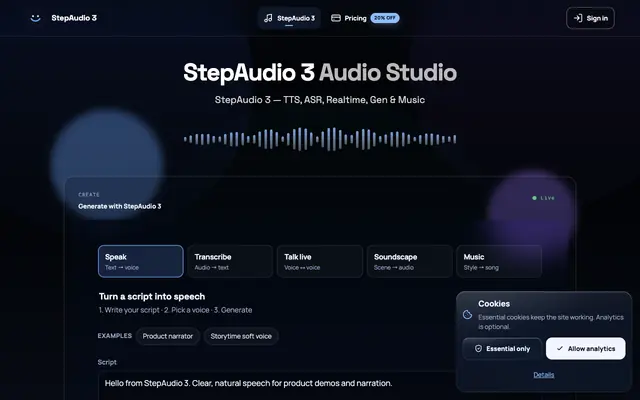 Screenshot of StepAudio 3 — TTS, ASR, Realtime, Gen & Music Studio
