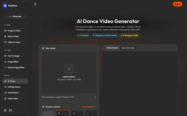 Screenshot of AI Dance Video Generator | ReelMuse