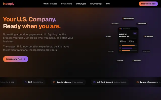 Screenshot of Incorply — Fast U.S. Incorporation, EIN & Compliance Included