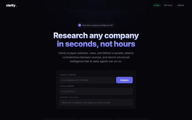 Screenshot of Clarity - Company Intelligence for AI Agents