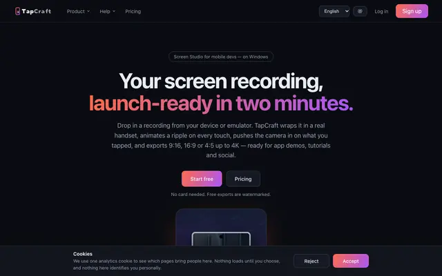 Screenshot of TapCraft — Launch videos for mobile devs