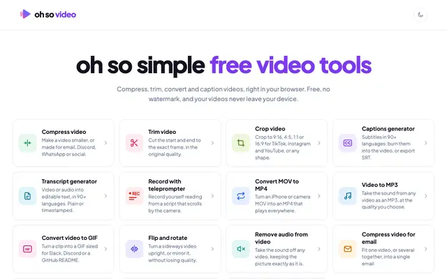 Screenshot of Free Online Video Tools, Private, No Watermark | Oh So Video
