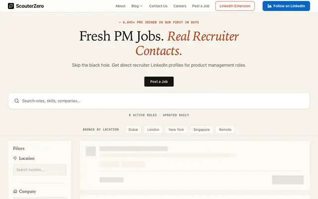 Screenshot of ScouterZero - Fresh PM Jobs with Direct Recruiter Contacts