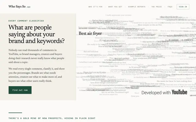 Screenshot of What are people saying about your brand? | Who Says So