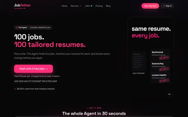 Screenshot of Roast My CV & Resume — Free AI Roast & ATS Score | JobTether