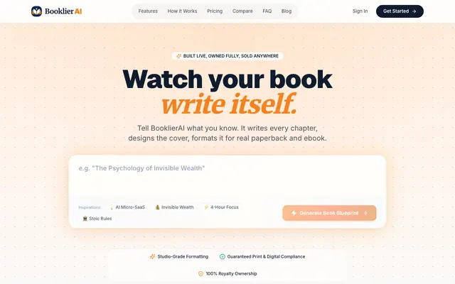 Screenshot of BooklierAi.com — Turn Ideas Into Store-Ready Paperbacks & Digital Ebooks