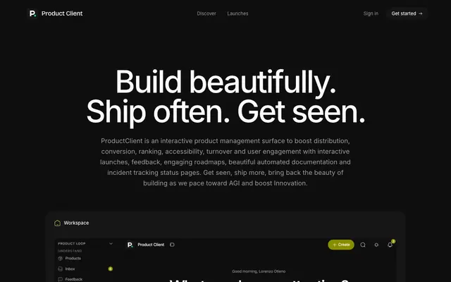 Screenshot of ProductClient — Interactive launches, roadmaps, docs & incident tracking