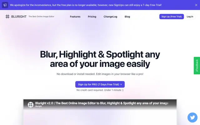 Screenshot of Bluright.com - The Best Online Image Editor For Blurring, Highlighting & Spotlig