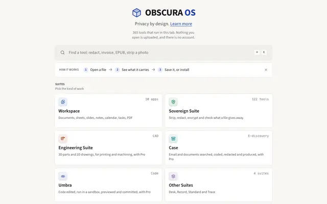 Screenshot of OBSCURA OS: 282 Private Tools That Run in Your Browser