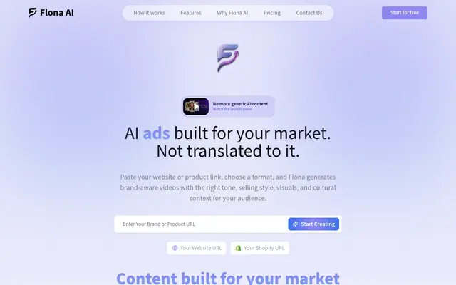 Screenshot of Flona AI | AI ads/reels built for your market