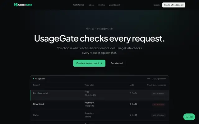 Screenshot of UsageGate — usage limits for Next.js