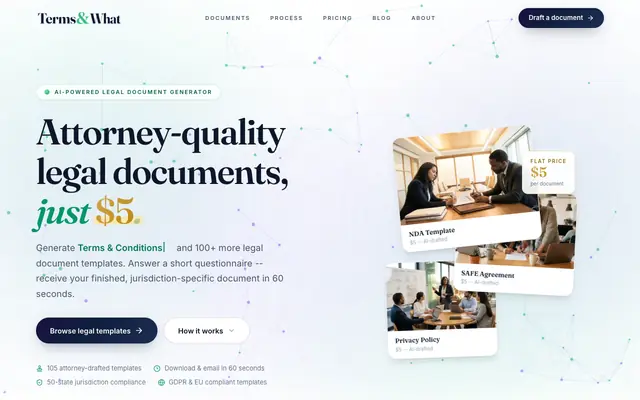 Screenshot of AI Legal Document Generator | Attorney-Quality Contracts, NDAs & Policies for $5