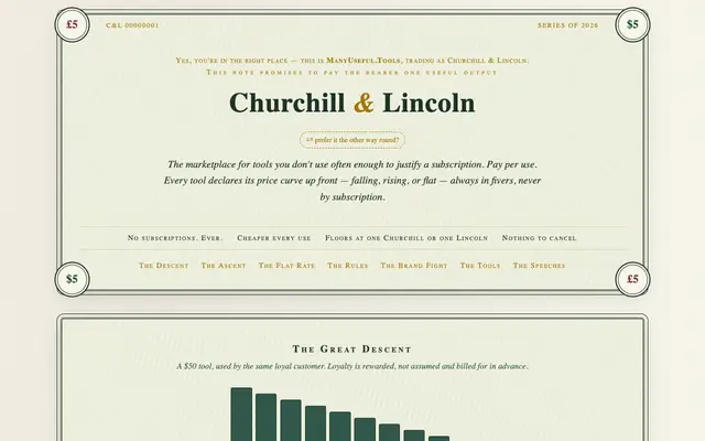 Screenshot of Churchill & Lincoln — pay per use, cheaper every time