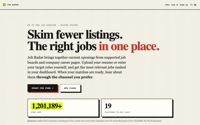 Screenshot of Job Radar — current job listings that fit your CV