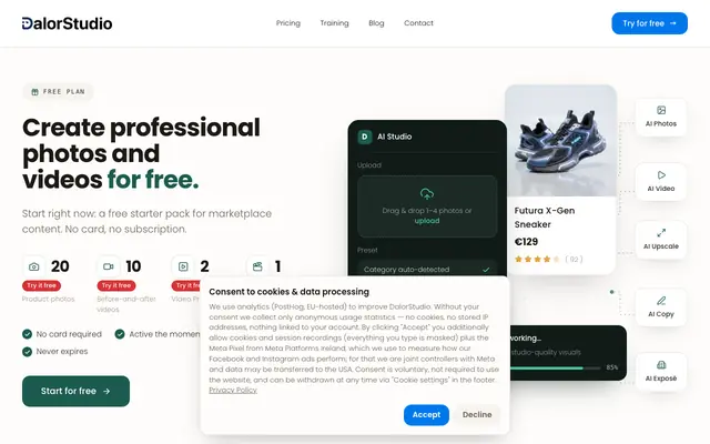 Screenshot of DalorStudio (Dalor Studio) — Dein KI-SMM-Manager: Produktfotos & Anzeigen aus ei