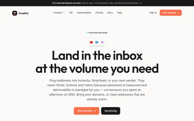 Screenshot of EmailPal — cold email that lands, at the volume you send