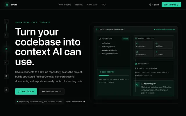 Screenshot of Ctxaro | Project Context for AI