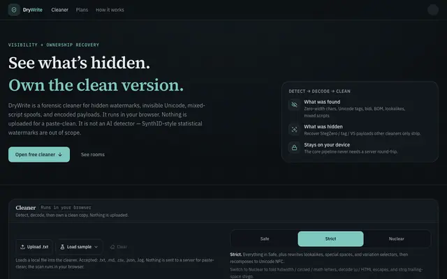 Screenshot of DryWrite — See what’s hidden. Own the clean version.