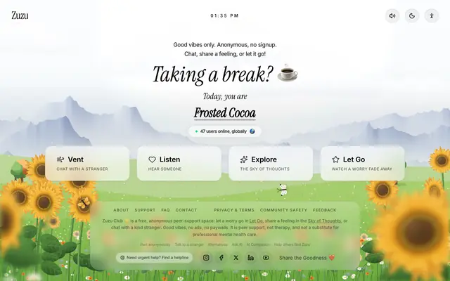 Screenshot of Zuzu Club | Anonymous Chat for Strangers. No Signup. Vent & Feel Heard.