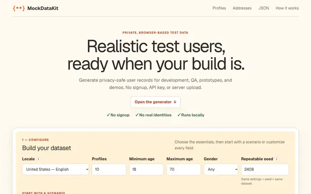 Screenshot of MockDataKit — Safe Synthetic Test Data Generator