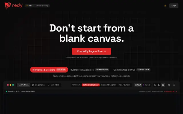 Screenshot of redy - Don't Start From A Blank Canvas