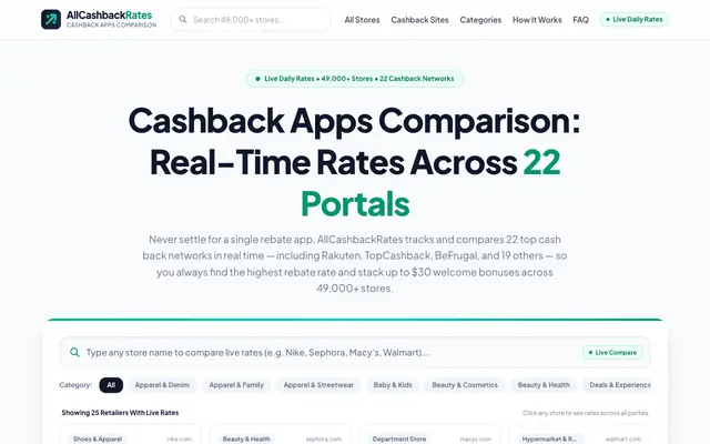 Screenshot of AllCashbackRates: Cashback Apps Comparison Across 22 Portals