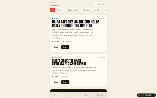 Screenshot of PULSE — Daily Youth Brief