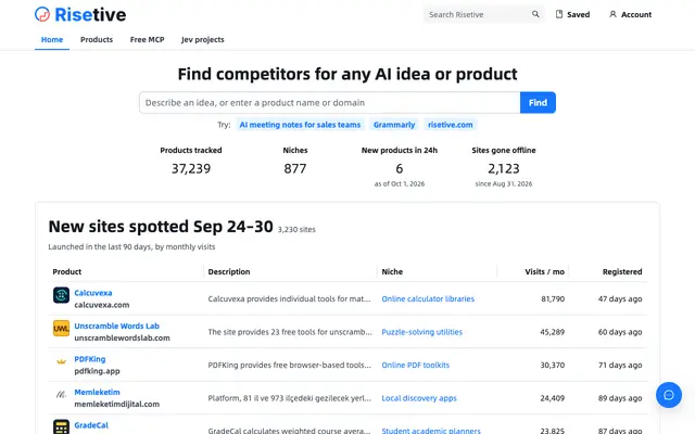 Screenshot of Risetive — Spot AI opportunities. Find the tools to grow.
