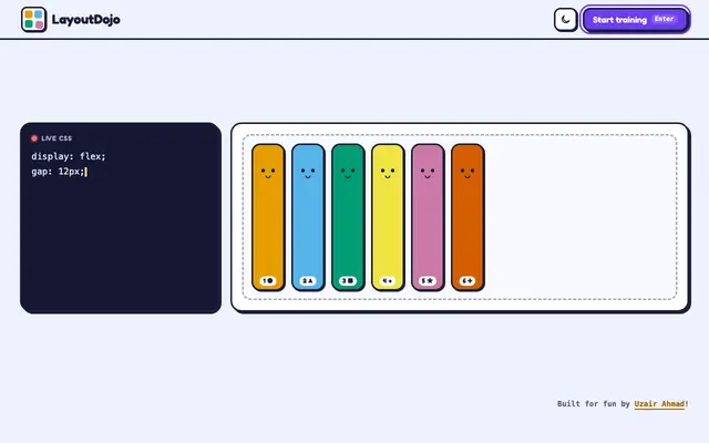 Screenshot of LayoutDojo · Learn CSS Flexbox and Grid