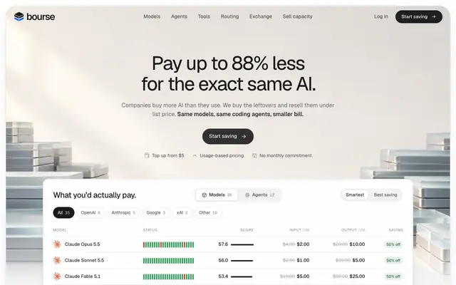 Screenshot of AI Models & Coding Agents at Wholesale Prices | Bourse