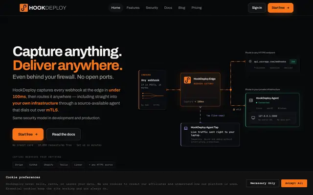 Screenshot of HookDeploy — Private webhook delivery without open ports
