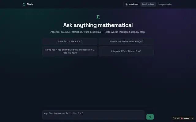 Screenshot of Slate — AI math solver with step-by-step answers